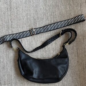 Black vegan Leather Crescent Shoulder Crossbody Bag with Braided Strap